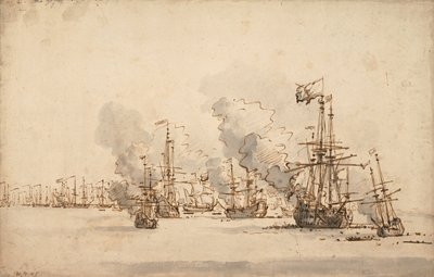 De zeeslag bij la Hogue, ca. 1701 door Willem van de Velde the Younger